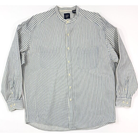 Vintage Gap Mens Shirt Size Large Band Collar Blue Stripe Grandpa Railroad 90s - Picture 1 of 9